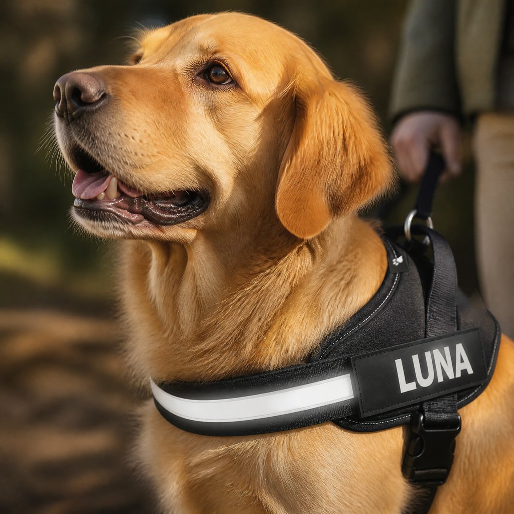 Reflective chest strap of the harness on a golden retriever