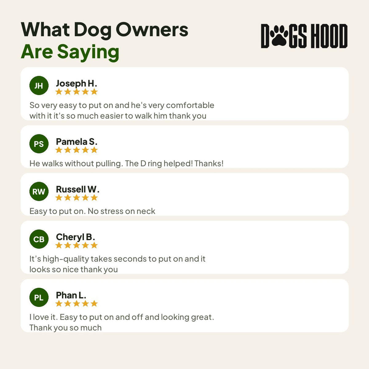 What dog owners are saying: five 5-star reviews of the harness
