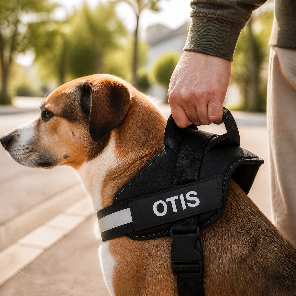 Owner holding the top handle of a black dog harness at a street curb