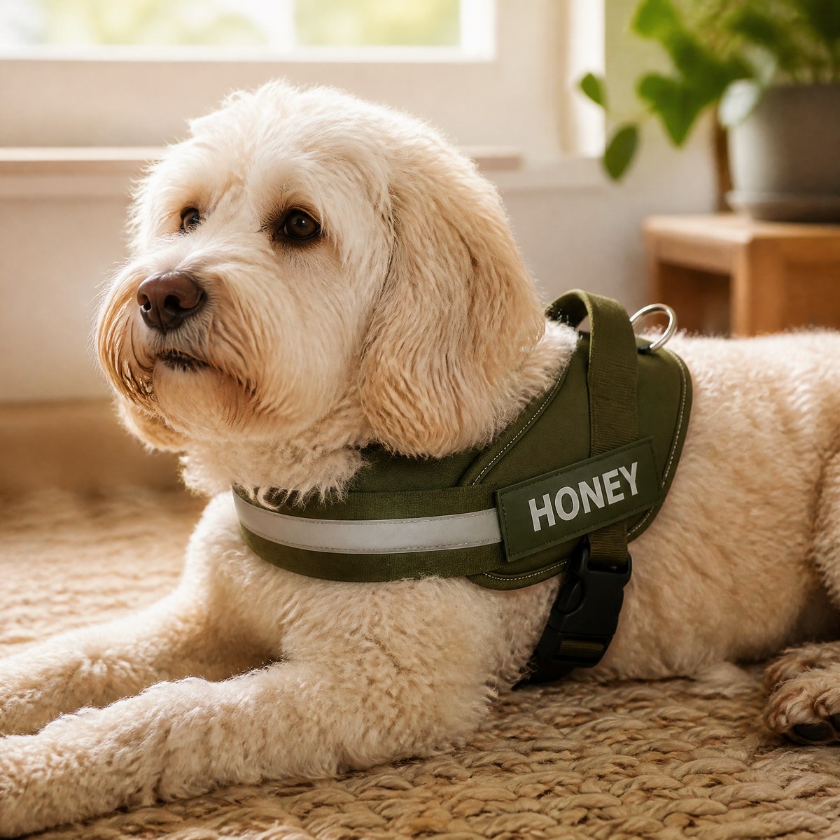 Fluffy cream dog resting in a green padded harness