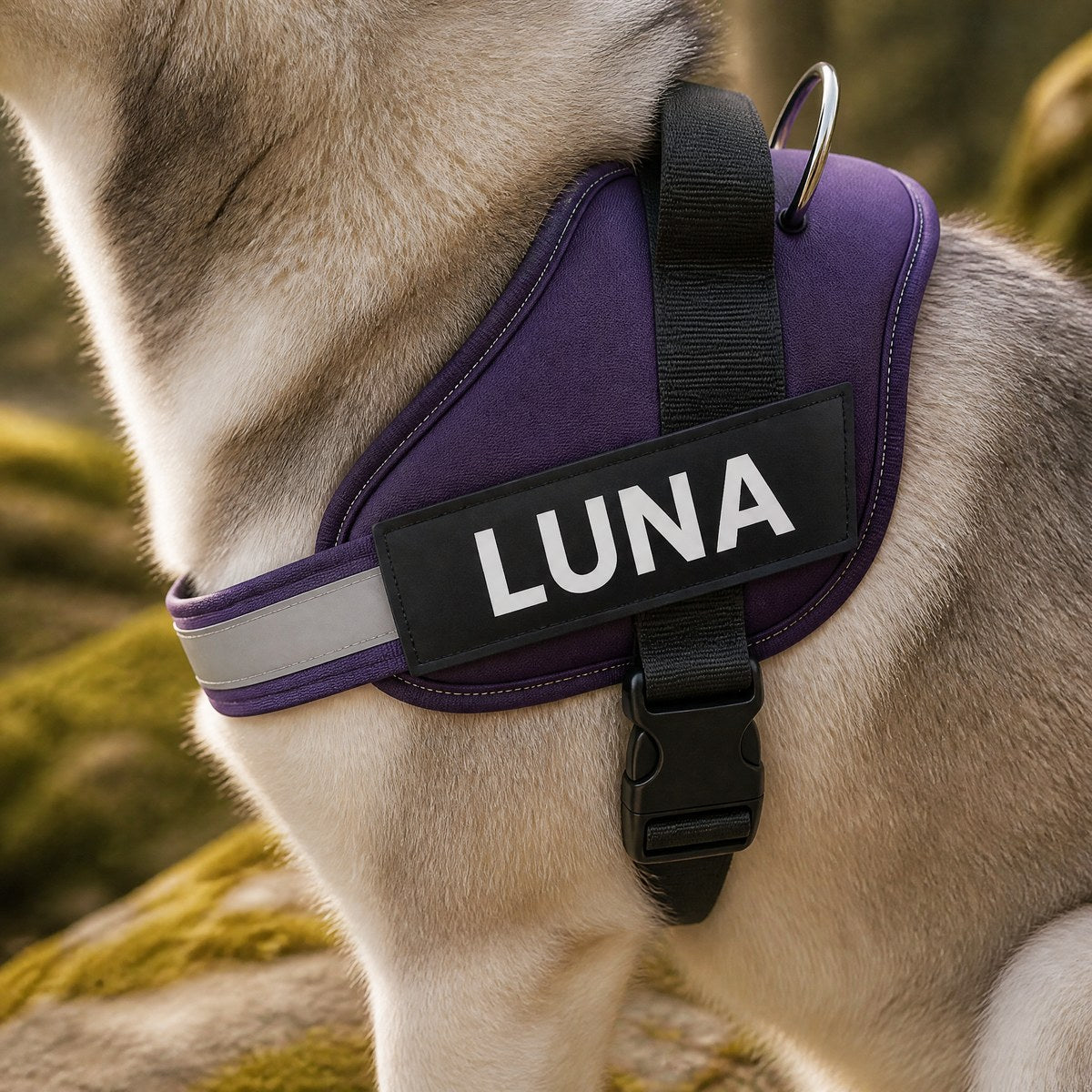 Close-up of a purple harness name patch reading LUNA