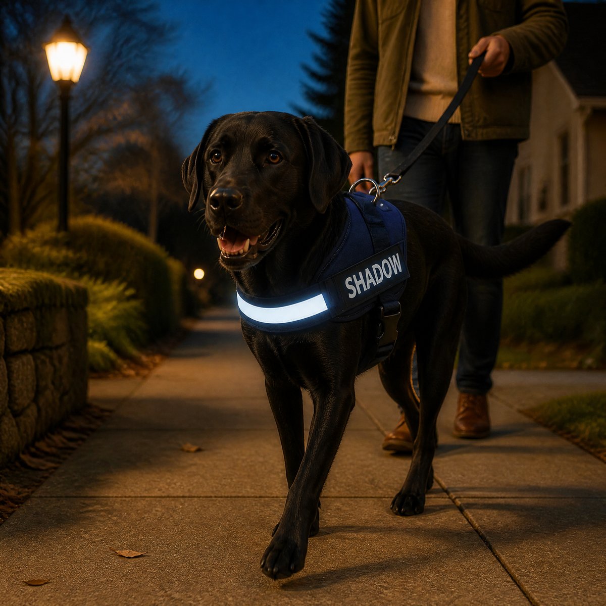 Black dog on an evening walk with the harness reflective stripe shining