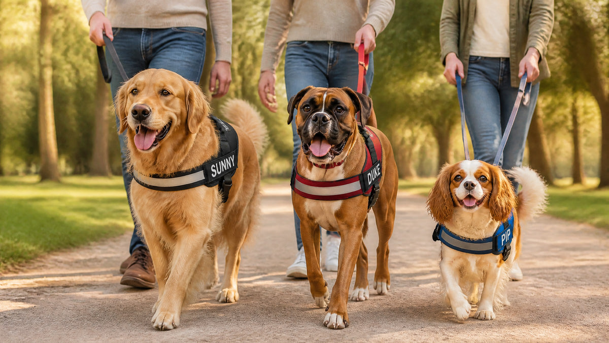Golden retriever, boxer and Cavalier spaniel walking in personalized no-pull harnesses with their owners on a park path