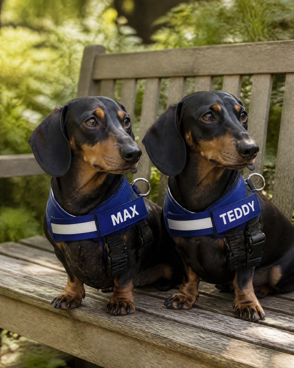 Two dachshunds in matching blue MAX and TEDDY harnesses on a garden bench