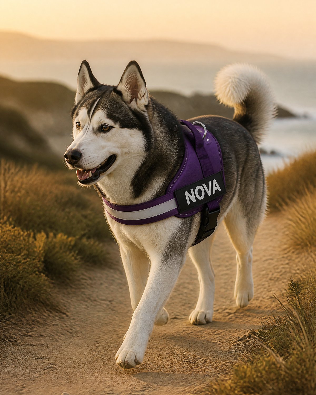 Husky in a purple NOVA harness on a coastal trail at sunset