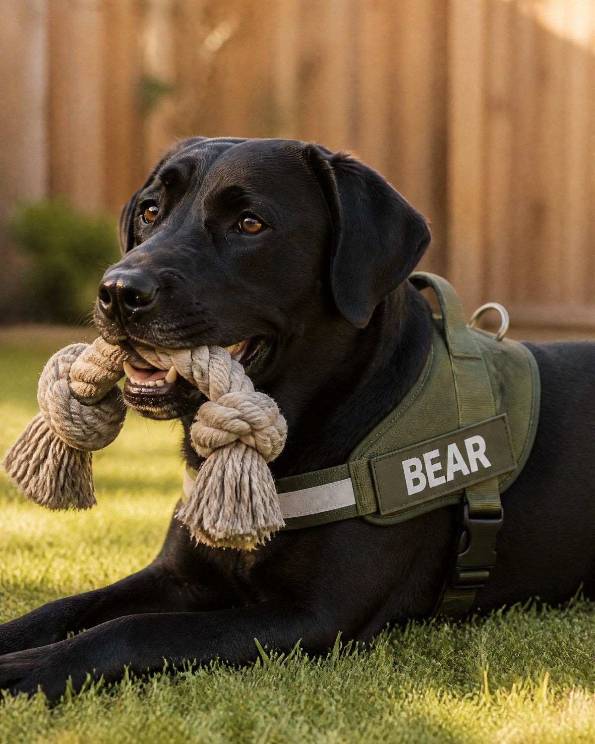 Black Labrador in a green BEAR harness with a rope toy on the lawn