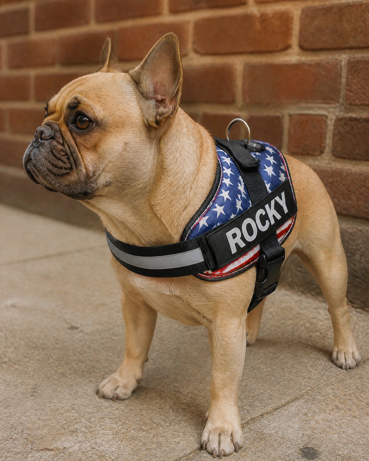 French Bulldog in a USA stars ROCKY harness on a city sidewalk