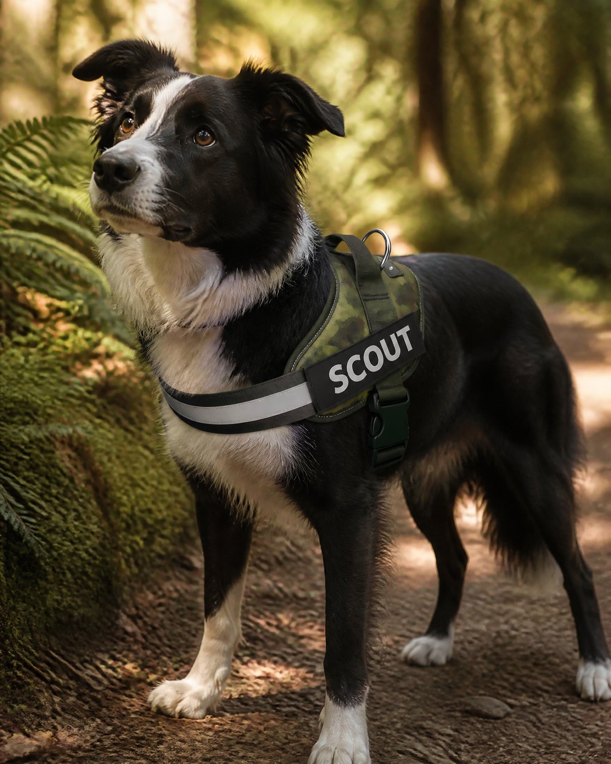 Border Collie in a camouflage SCOUT harness on a forest trail
