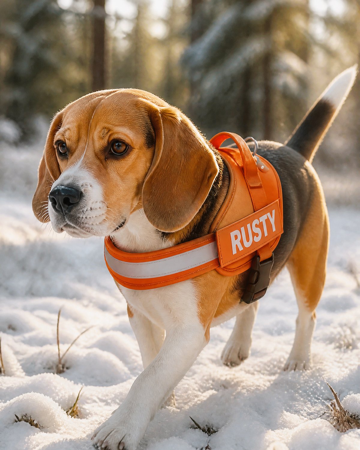 Beagle in an orange RUSTY harness playing in the snow