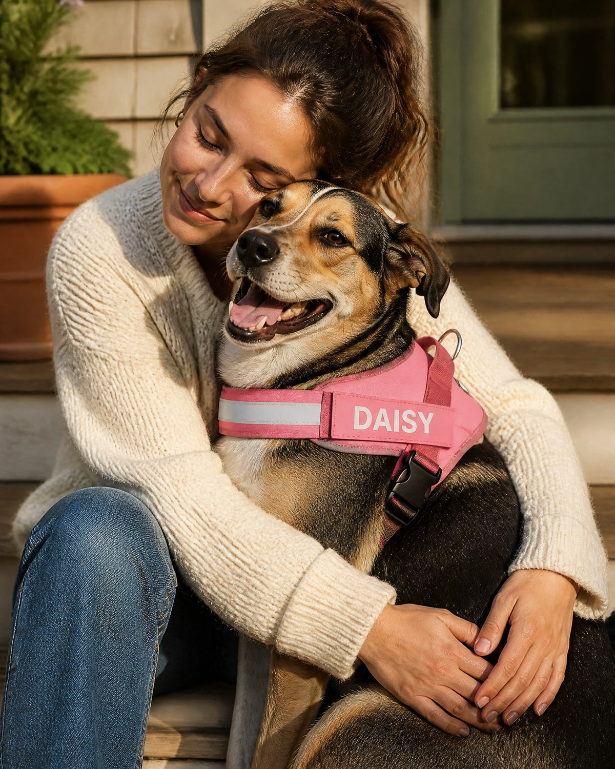 Woman hugging her smiling dog wearing a pink DAISY harness on the porch steps