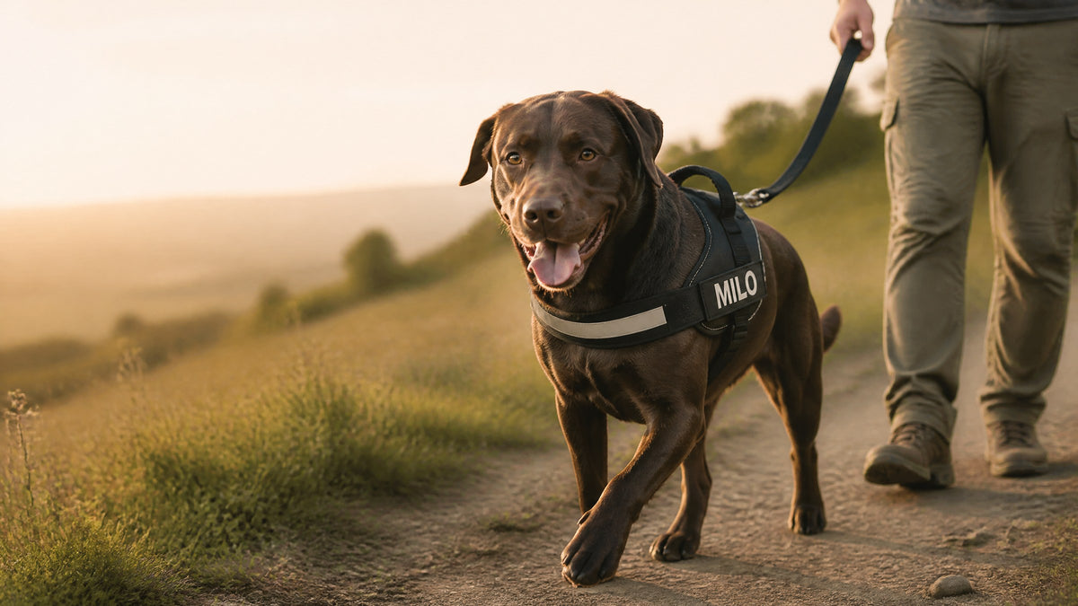 Chocolate Labrador wearing a black personalized no-pull harness with a MILO name patch on a golden-hour trail