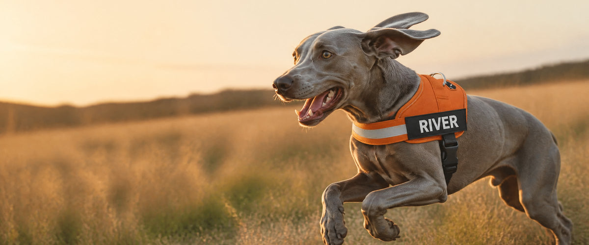 Weimaraner running through a golden meadow wearing the orange personalized no-pull dog harness