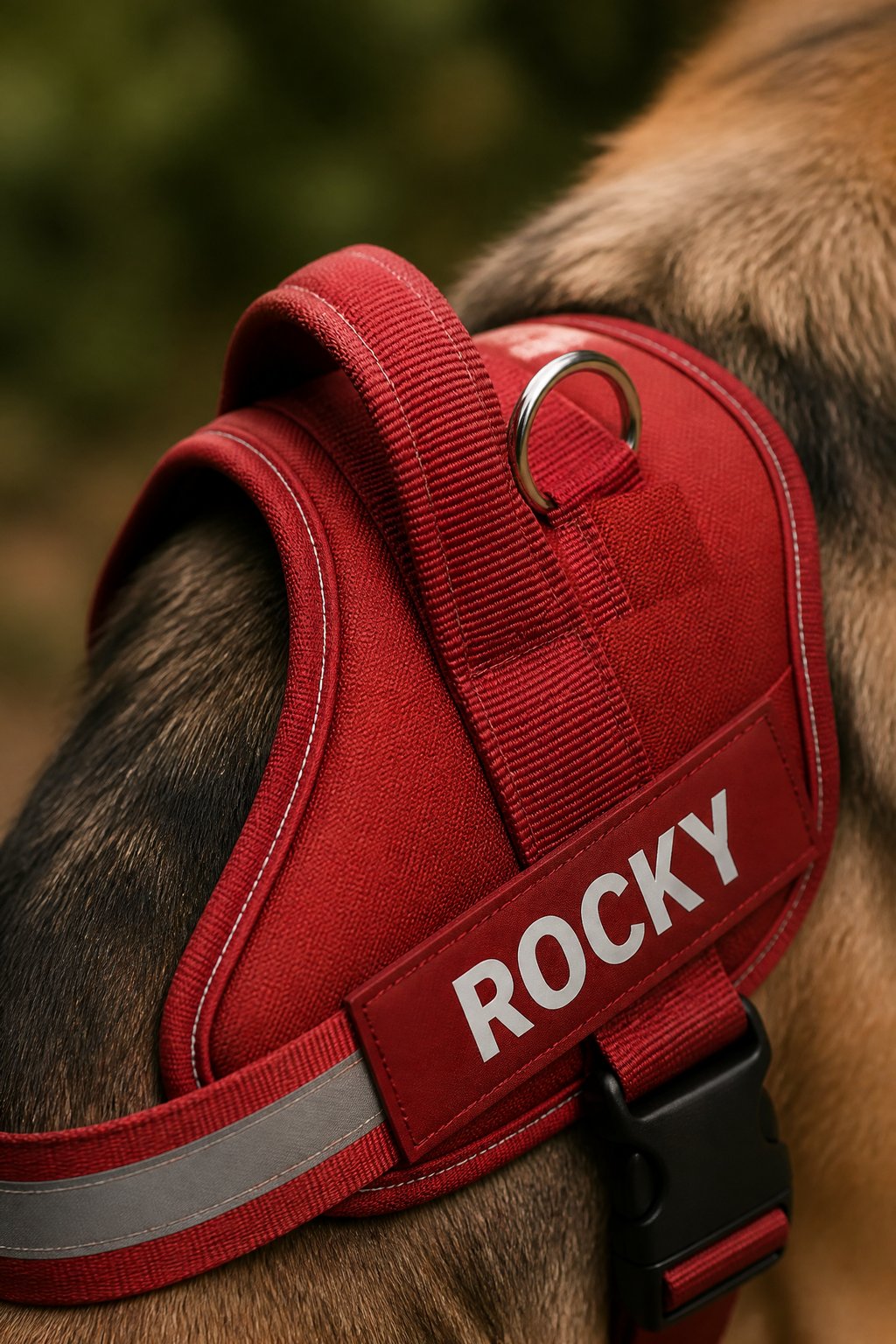 Padded top handle and metal D-ring of the red harness