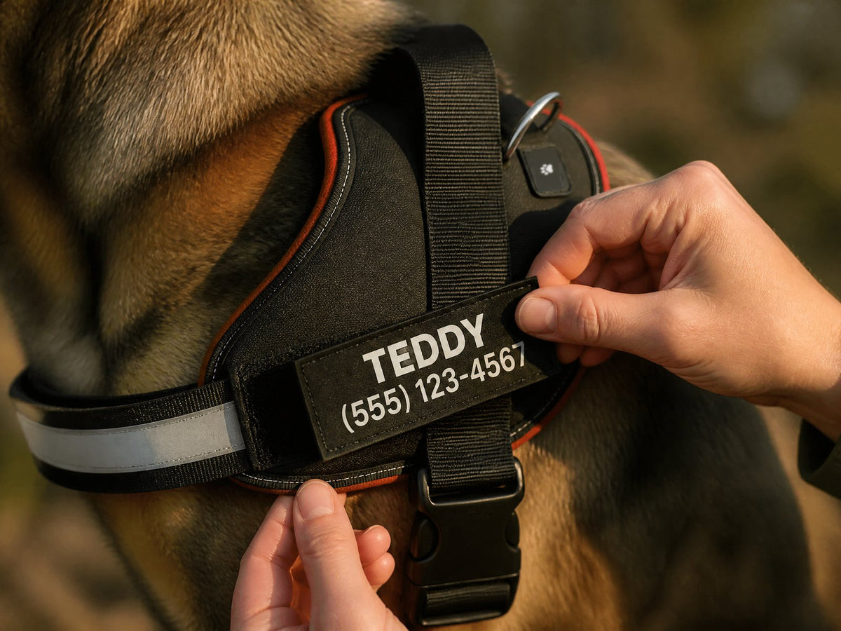 Removable hook-and-loop name patch with name and phone number