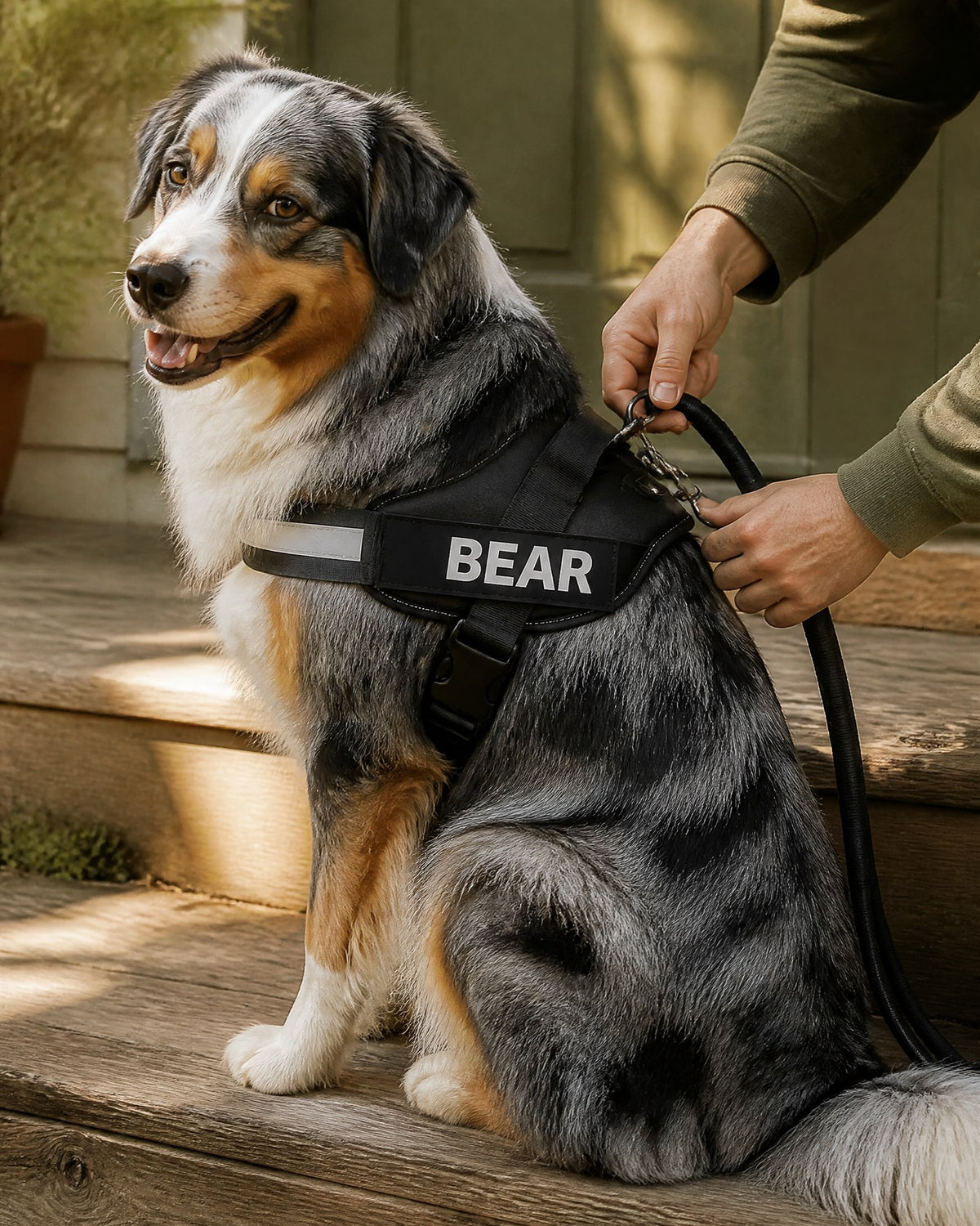 Australian Shepherd wearing a black personalized harness with a BEAR name patch while the leash is clipped on